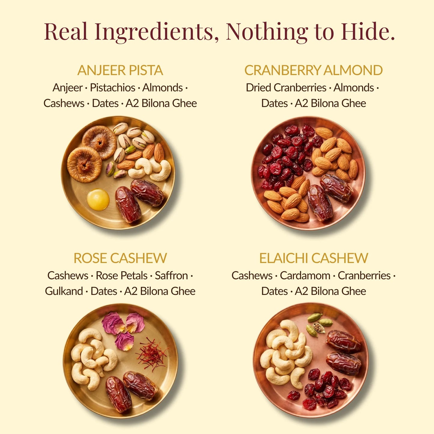 Four plates of different nut and seed mixtures with text on a beige background.