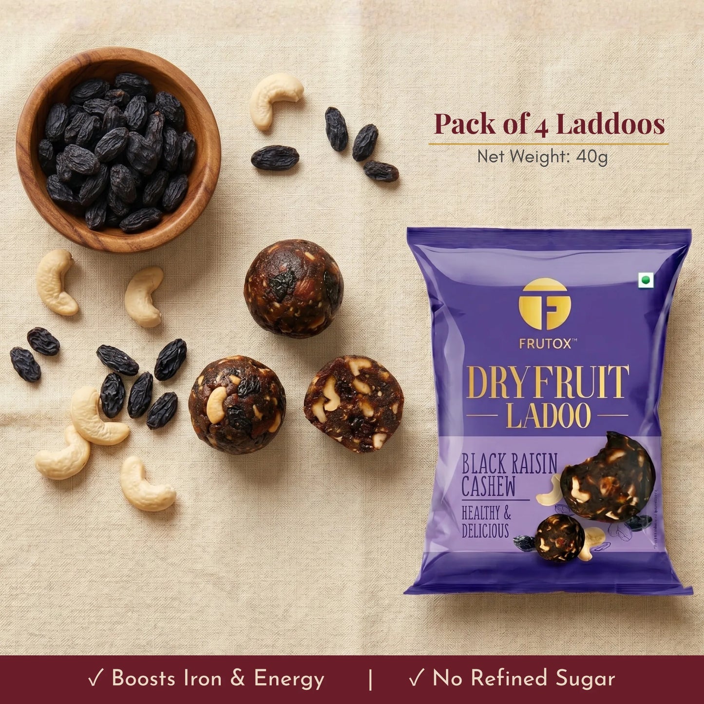 Black Raisin Cashew Laddoo – Chatpata, Pack of 4 (40g)