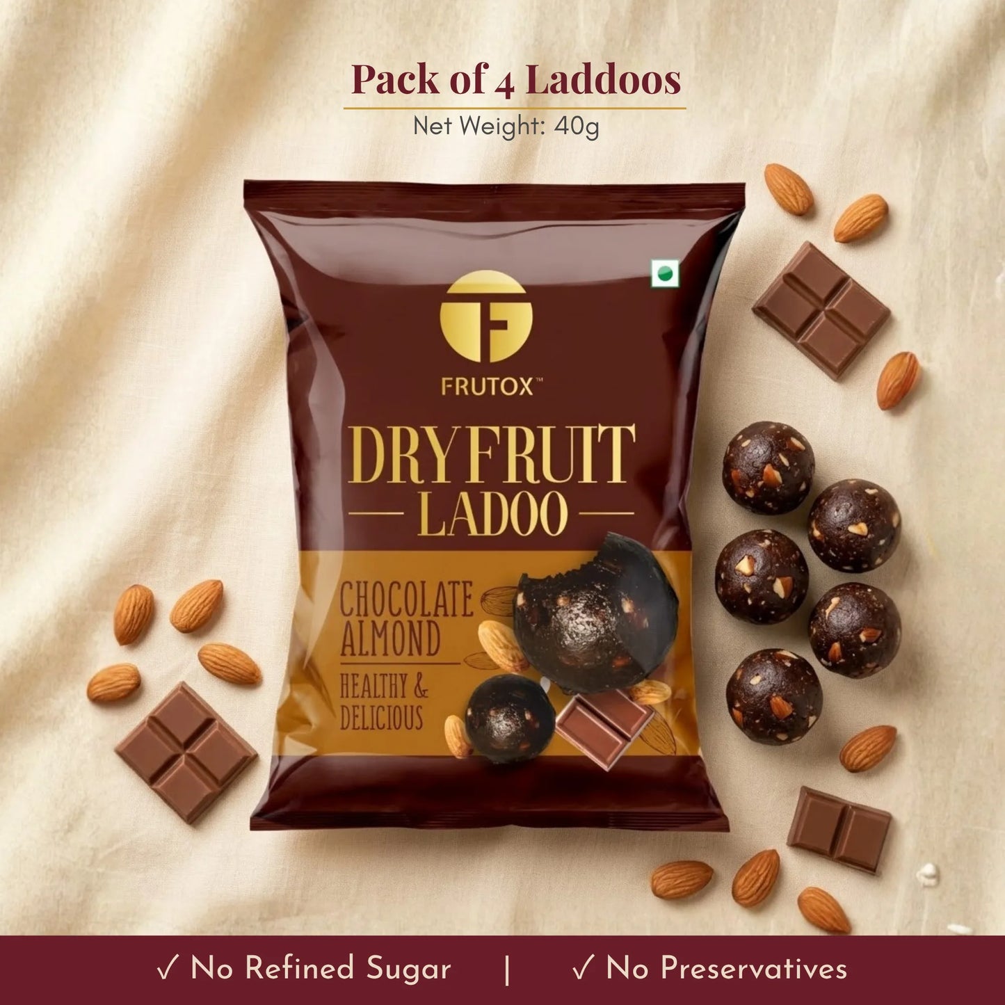 Chocolate Almond Laddoo – Guilt-Free, Pack of 4 (40g)